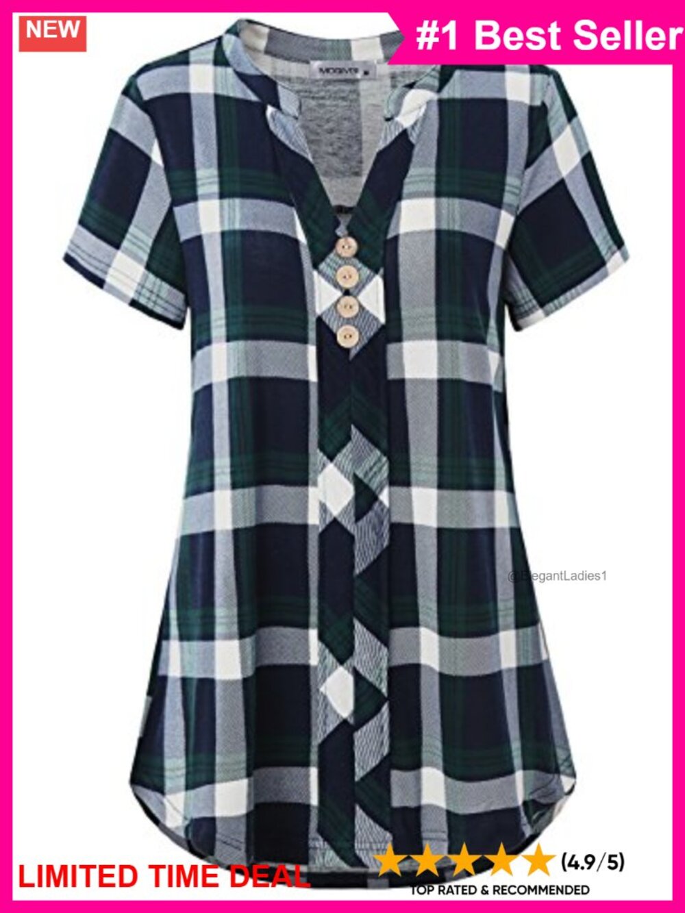 Notch Neck Short Sleeve Plaid Button Blouse